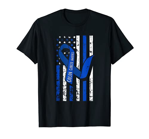 Blue Ribbon Colon Cancer Awareness Cool Bandera Americana Regalos Camiseta