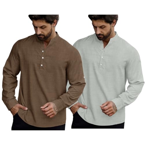 Image of GRECIILOOKS Kurta for Man | Shirt for Man Regular Fit | Mens Casual Shirts | Linen Shirt for Man's | Full Sleeve Shirts for Mens Stylish | Mandarin Collar | Kurta Placket Style