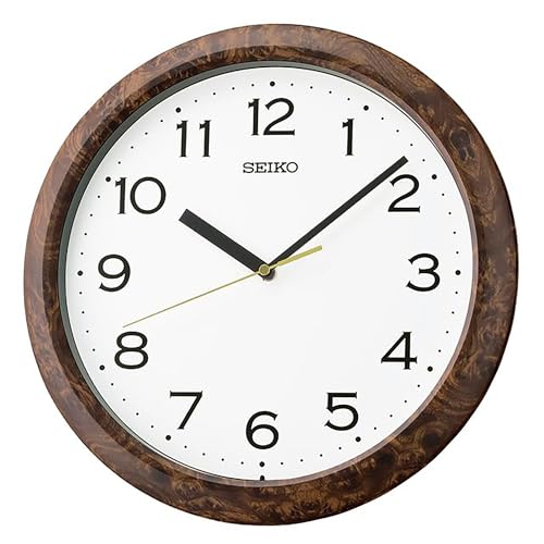 Seiko Holt - Analog Style - Arabic Numbers - White Clock Face - 12 Inch Matte Brown Woodgrain - Easy to Read Wall Mounted Clock Time Keeper