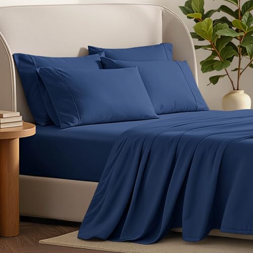Bare Home Hotel Luxury Twin XL Sheet Set, Extra Soft - 4 Piece Set - Deep Pockets - Easy Fit - Cooling & Breathable - Wrinkle, Fade, Stain Resistant - Includes 2 Pillowcases (Twin XL, Dark Blue)