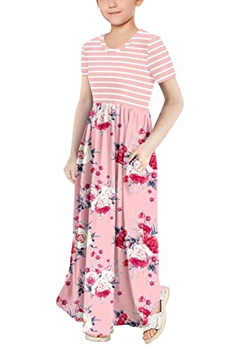Yoklass Tween Girls Dresses Short Sleeve Striped Flower Print Dress Casual Maxi Skater Dress With Pockets Pink 4-5T #TOP3