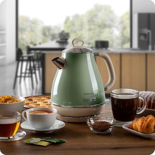 Foto von Ariete Vintage Wasserkocher 2869, Retro Elektrischer Wasserkocher mit Sichtbarem Wasserstand, Kabellosem 360°-Sockel, Abschaltautomatik, Teesieb, Fassungsvermögen 1,7 l, Edelstahl, 2000 W, Grün