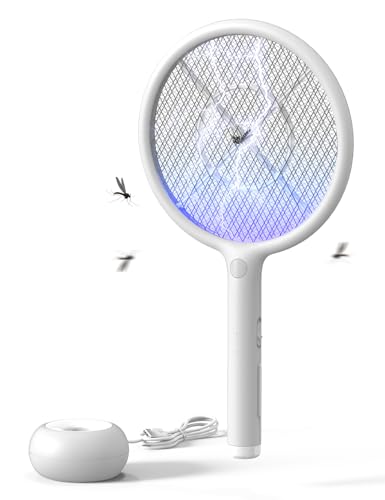 AROEVE Raqueta Mosquitos Electrica, 2-en-1 Raqueta Matamoscas Electrica, 4000V, Base de Carga USB, Batería Recargable de1200mAh, Modo de Atracción Auto, luz LED, Protección de 3 Capas,Blanco