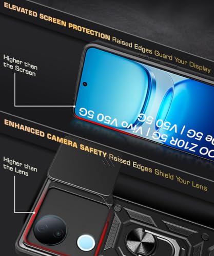Image of WOW IMAGINE Tough Armor Bumper Mobile Back Case for iQOO Z10R 5G | Vivo V50 5G | V50e 5G | Sliding Camera Cover | Shock Proof 360 Protection | Hybrid PC + TPU | Ring Holder with Kickstand - Black