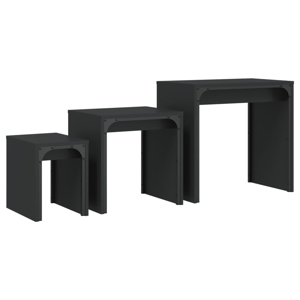 Juego de 3 Mesas Nido, Material Madera de Ingeniería y Metal, Diseño Industrial Apilable, Multifuncional y Compacto, Mesa Auxiliar Sofá, Muebles de Salón, Color Negro, 60x35x56 cm