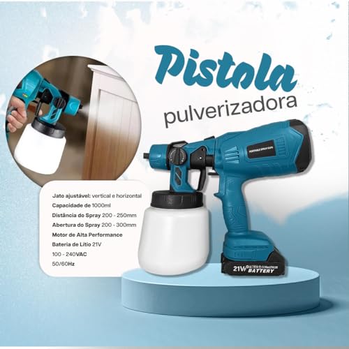 Pistola de Pintura e Pulverizadora Portátil 21V Pulverizador Profissional 1000ml Elétrico Portatil S