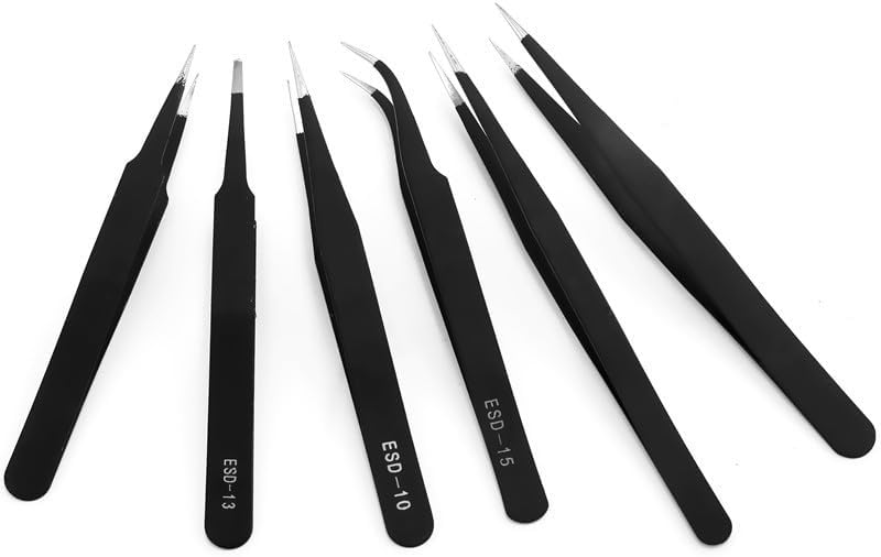 6PCS Precision Tweezers Set Anti-Static Stainless Steel Professional Tool Kit for Electronics Repair,6 Assorted Upgraded Curved Straight Tips,Non-Magnetic for Soldering Jewelry Making Lab Crafts