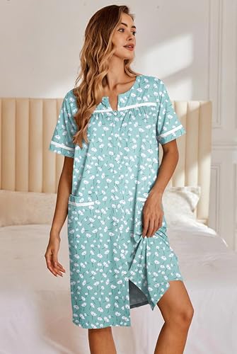 Image of Ekouaer Nightgowns for Women House Dress with Pockets Button Down Sleepshirt Short Sleeve Nightshirt Housecoat