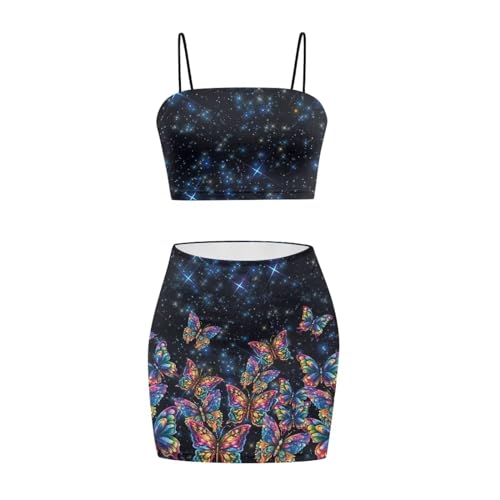 Image of Biyejit Women's 2 Piece Summer Outfits Spaghetti Strap Crop Tops and Bodycon Mini Skirt Dress Set Plus Size S-4XL