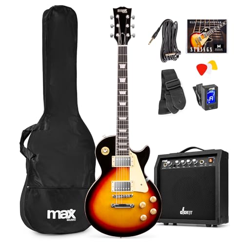 Max GigKit LP Style E Gitarre, E Gitarren Set mit Gitarrenverstärker, Tasche, Plektrum, Stimmgerät, Instrumentenkabel, Ersatzsaiten, Gitarrengurt, 22 Bünde - Sunburst Max GigKit LP Style E Gitarre, E Gitarren Set mit Gitarrenverstärker, Tasche, Plektrum, Stimmgerät, Instrumentenkabel, Ersatzsaiten, Gitarrengurt, 22 Bünde - Sunburst