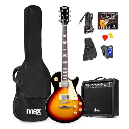 Max GigKit de Guitarra Eléctrica diseño LP para principiantes o profesionales. Guitarra Estilo LP con pastillas Humbucker, afinador digital, funda guitarra, cinta, cuerdas de repuesto, púas. Sunburst