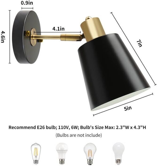 Miniatura 7 de TISLYCO Juego de dos apliques de pared negros, lámparas industriales de pared, lámpara de brazo oscilante de 360 grados, apliques de pared de metal