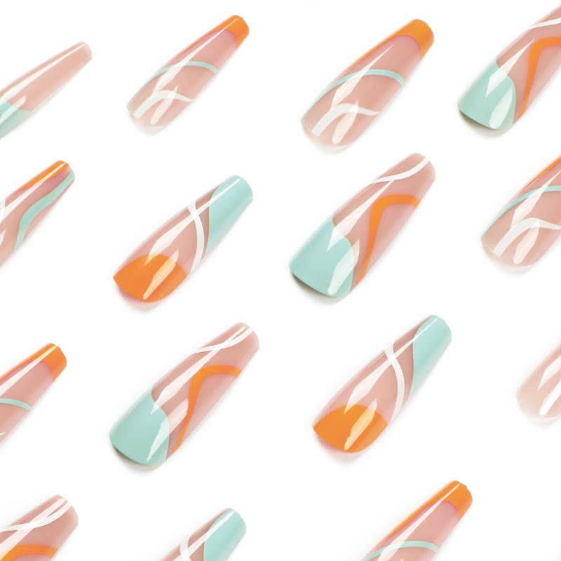 Miniatura 3 de 24 uñas postizas a presión con forma cuadrada de ataúd, de longitud larga, color rosa nude, con diseño francés de remolinos naranja, verde, uñas