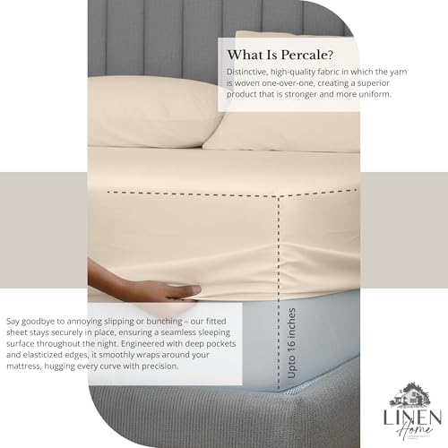 Image of Linen Home 6 Piece California King Sheet Set, 100% Cotton Percale, 4 Pillowcases, Deep Pocket with All Around Elastic Sheet, Crisp Breathable Bedding, Hotel Luxury, Long-Staple Combed Cotton, Ivory
