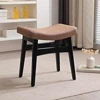 COSTASKF Vanity Stool, Saddle Cushion Foot Stool, Modern Vanity Bench Ottoman with Solid Wood Legs,Black Leg Color Leg - Brown Colour Fabric Cushion