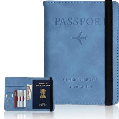 Image of PU Leather Passport Holder Travel Wallet Organiser for Men & Women | 4 Card Slots 2 SIM Slots Money Case | Travel Document Case Cover Passport Pouch Slim Unisex Gift - (Pack of 2) SkyBlue