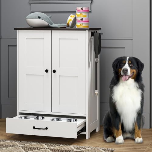 Rovibek Dog Food Storage Cabinet, Pet Feeding Station with Bowls, Adjustable Panel, Dog Feeding Station with Storage, Pet Feeder Station for Dogs Cats for Feeding & Watering Supplies, White