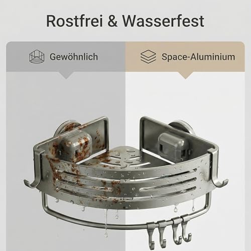 Nordkai Duschregal Ecke Ohne Bohren, 2er Set Duschablage mit Saugnapf, Aluminium Rostfrei, Eckregal Dusche mit Handtuchstange & 4 Haken, für Fliesen Glas Marmor, Bad & Küche