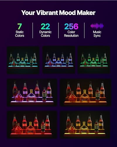 Image of VEVOR LED Lighted Liquor Bottle Display, 2-Tier 30-Inch Whiskey Rack, Support USB, Illuminated Home Bar Shelf with RF Remote & App Control, 7 Static Colors, Acrylic+ Wood Lighted Shelf for 15 Bottles