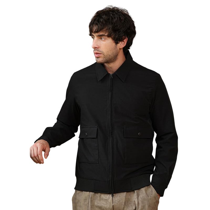 cahoot Men Jacket | Point Collar, Long Button-Cuff Sleeves | Zipper, Ribbed-Straight Hem | Geometric Jacquard | Woven Fabric For Casual & | Obsidian Black-picture-45