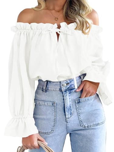 Imily Bela Womens Off The Shoulder Tops Puff Long Sleeve Tie Front Loose Fit Ruffle Shirts Blouses