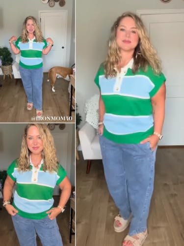 Image of Saodimallsu Women's V Neck Button Down Striped Short Sleeve Knit Sweater