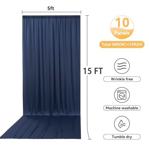 Image of 10 Panels 5x15ft Backdrop Curtains for Parties, Wrinkle Free Polyester Navy Blue Photo Backdrop Drapes 15 ft Long Back Drop Cloth for Wedding Birthday Photography Background Party