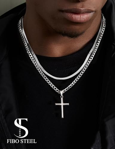 925 Sterling Silver Cross Necklace Men - Layered Cross Pendant Necklaces Waterproof Stainless Steel Cuban Link Herringbone Chain Silver Necklace Stack Jewelry with Gift Box 16-30 Inches3