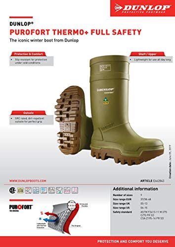 Dunlop Protective Footwear, Purofort Thermo+ Full Safety Green/Brown, 100% Waterproof Purofort Material, Lightweight And Durable Protective Footwear, Slip-Resistant, E662843.10, Size 10 Us #TOP2