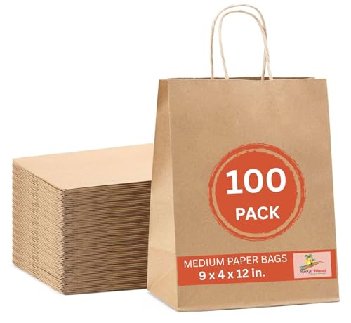 Image of RanGit Bhumi Kraft Paper Bags with Handles 9 inchx12 inchx4 inch 100pcs -Medium, Brown Paper Carry Bags for Shopping, Retail Merchandise, Party Favor Goodie Return Gift Bag (9x4x12 in Brown, 100 pack)