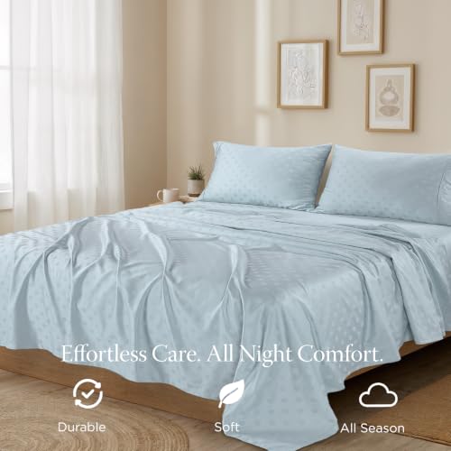 Image of Threadmill 300 Thread Count Cotton Queen Sheet Set, Sateen, Jacquard Damask | 100% Cotton, Sateen Weave, Jacquard Damask Pattern, 4-Piece Set, 16 inch Deep Pocket, Cooling, Pill-Resistant, OEKO-TEX Certified