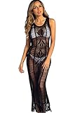 NFASHIONSO Womens Crochet Tassel Beach Wear Cover up Swimwear Bikini Long Maxi Beach Dress Black