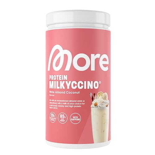 MORE Protein Milkyccino, White Almond Coconut, 500 g, Mix aus Whey Konzentrat und Casein ideal zum Muskelaufbau und -erhalt, mit Koffein & Laktase - made in Germany