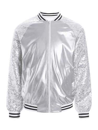 Linjinx Kids Girls Sequins Long Sleeve Baseball Jacket Sparkle Bomber Jacket Jazz Hip-hop Street Dance Coat Outerwear3