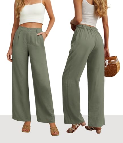Image of Feiersi Womens Casual Wide Leg Pants High Waisted Button Down Straight Long Trousers Palazzo Pants