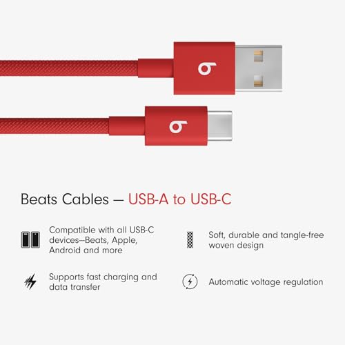 Image of Beats USB-A to USB-C Woven Cable Fast Charging Durable and Tangle-Free Design Compatible Charger for Apple & Android Devices (1.5 m, 5 ft) - Rapid Red