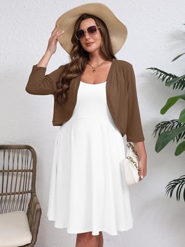 AusLook Plus Size Women Bolero Shrugs 3/4 Sleeve Coffee 3X Open Front Knit Lightweight Coat Cropped Tops Shawls and Wraps Cardigan Dressy Sweater Clothes — view 5