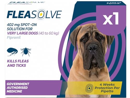 Dog Flea Treatment Extra Large Dogs x 1 - Flea Treatment for Dogs XL Very Large Dog 40-60 kg - Spot-On Solution for Fleas and Tick Control - FleaSolve 1 Pipette 1 Dose