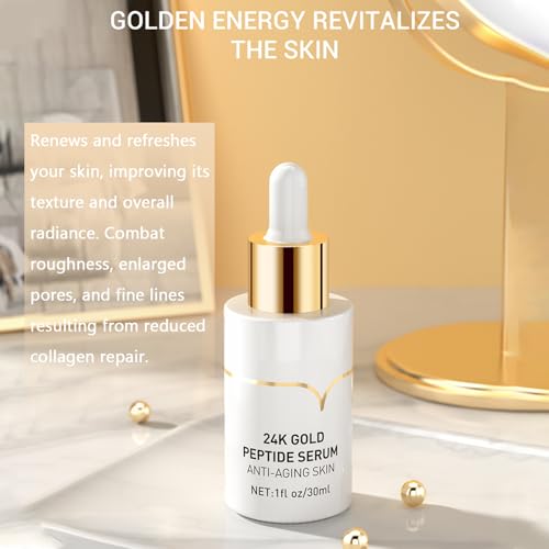 Grospe 24K Gold Peptides Serum for Face, 9 Peptide Skin Booster Anti Aging Serum with Nano Gold, Even Skin Tone Glow Collagen Peptides Essence for Dark Spots & Fine Lines, Collagen Peptide 1 Fl.Oz