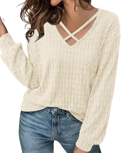 Image of Lotusmile Women's Soft Fuzzy Knit Hollow Out Lace Blouses Criss Cross V Neck Tops for Women Dressy Casual
