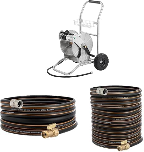 Giraffe Tools Stainless Steel Water Hose Reel Cart, 200 ft of 1/2 Capacity+Water Hose 35ft x 5/8", Female and male Fittings+Water Hose 75ft x 5/8", Male and Female Fittings