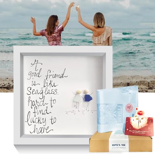 UQRUI Handmade Sea Glass Art Friendship Kit- Good Friend is Lucky to Have, Like Seaglass, Sea Glass Wall Art Decor,SeaGlass Art Frame Gift for Best Friends
