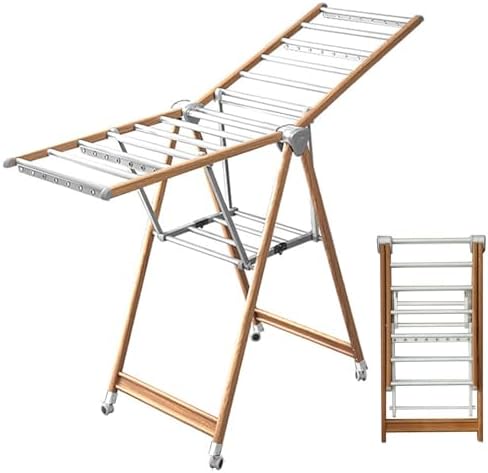 Indoor Outdoor Clothes Drying Rack Foldable Clothes Rack.Foldable Wood Grain Clothes Drying Rack, Free-Standing Aluminum Alloy Laundry Rack, Large Folding Laundry Stand with Height-Adjustabl