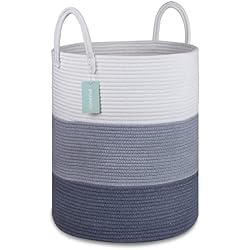 BOSROTY Large Laundry Hamper Basket for Girls Boys Kids 65L, Tall Nursery Hamper with Handles, Woven Blanket Basket for Storage Toys Clothes Towels, 16”x 20”, White & Gray