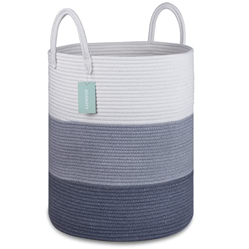 BOSROTY Large Laundry Hamper Basket for Girls Boys Kids 65L, Tall Nursery Hamper with Handles, Woven Blanket Basket for Storage Toys Clothes Towels, 16”x 20”, White & Gray