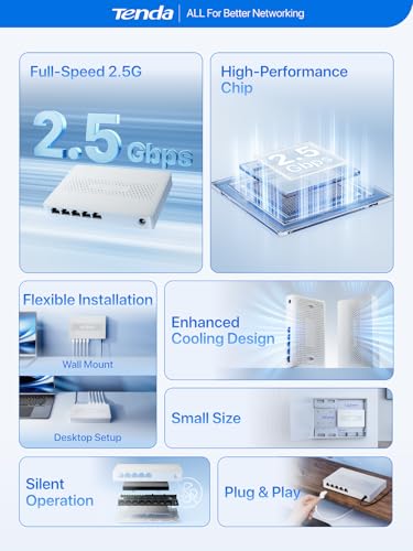 Image of Tenda 5 Port 2.5G Ethernet Switch, Multi-Gigabit 2.5Gb Ethernet Splitter, Unmanaged Network Switch, 5 x 2.5 Gigabit Ports, Plug & Play, Fanless Quiet, Desktop /Wall Mount, for Router, PC, NAS (SM105)