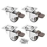 1-inch Casters Set of 4, Small Low Profile Caster with Locking Brake & 360° Plate, Total Loads of 100 LB Furniture Transfers Castor Wheels, Rubber Wheel to Protect The Floor or Carpet from Scratches.