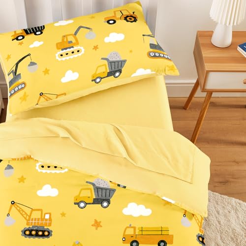 Image of Wake In Cloud - Toddler Bedding Set for Boys, Construction Car Excavator Truck, 4 Pieces Soft Crib Bed Set Including Comforter, Sheets and Pillowcase, Yellow