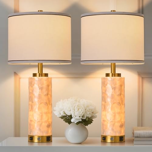 Image of AIDENOEY 26" Modern Art Glass Table & Bedside Lamp, Stepless Dimmable Base + Dimmable 3-Color Light, USB A/C Charging Ports, Touch Control & Switch for Bedroom, Living Room, Office, Study