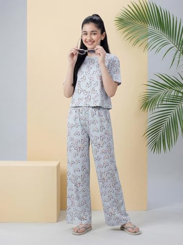 Image of Li'l Tomatoes Girls Cotton Night Suit Set | 100% Cotton Summer Co-Ord Set | Half Sleeve T-Shirt & Full Length Pajama | Soft & Breathable Printed Clothing Set | 9-16 Years